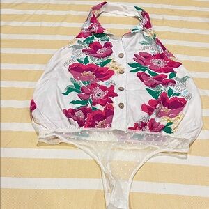 Free People White Halter Bodysuit with Fuchsia Floral Print